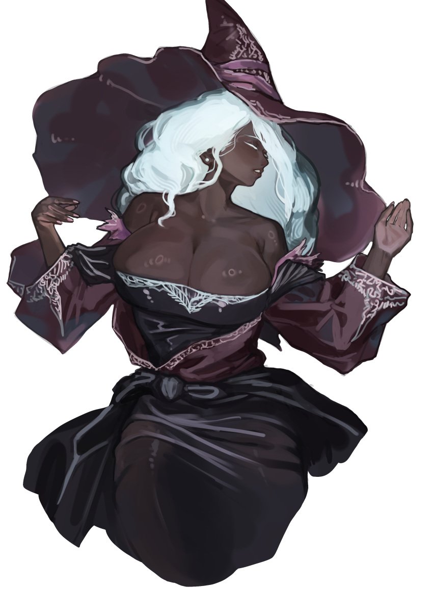1girls big_breasts big_hat busty cleavage dark-skinned_female dark_skin elden_ring elden_ring_nightreign femal female female_only fromsoftware hat huge_breasts large_breasts miaojiangyou milf mostly_clothed recluse_(nightreign) revealing_clothes white_hair witch witch_hat