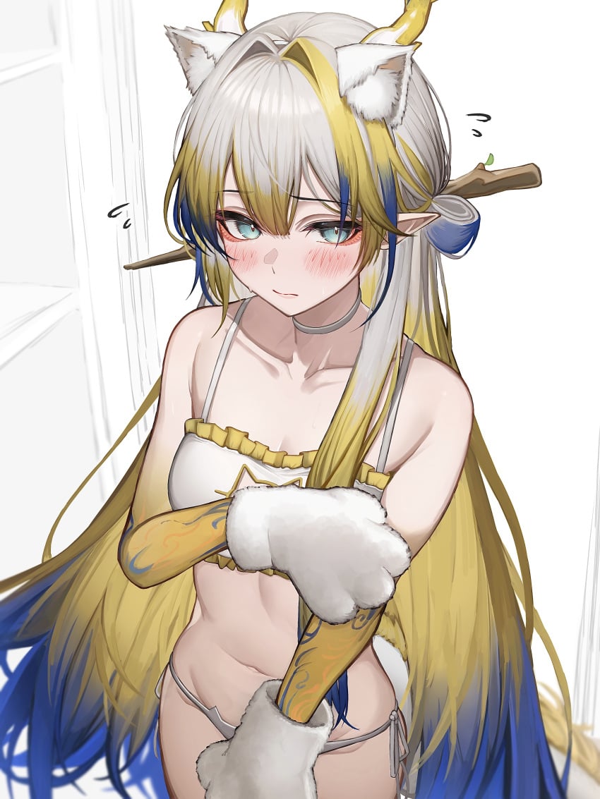1girls arknights blue_eyes blush blush blush_lines fake_animal_ears fake_cat_ears female female_focus female_only light-skinned_female light_skin long_hair looking_away looking_down multicolored_hair shu_(arknights) shy small_breasts tab_head tagme underwear
