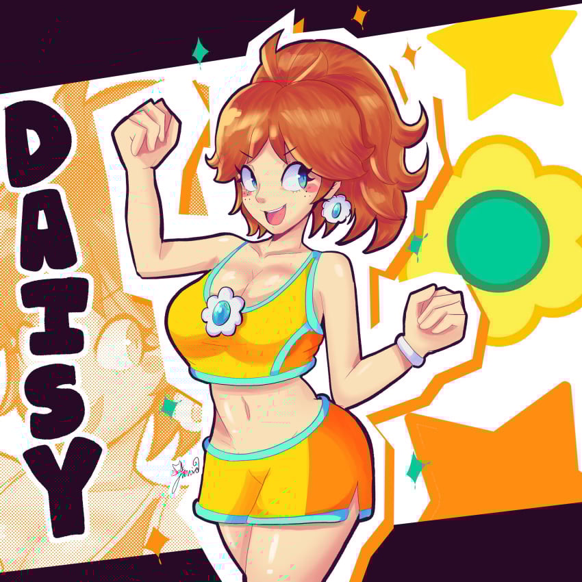 brown_hair busty character_name cleavage curvy earrings english_text female green_eyes jarvidtakero light-skinned_female light_skin mario_(series) mario_kart_world midriff nintendo ponytail princess_daisy princess_daisy_(swimwear) short_shorts shorts