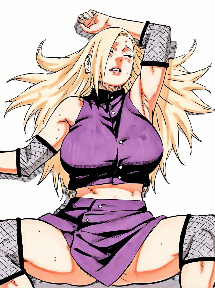 accurate_art_style accurate_body_type ai_generated big_breasts blonde blonde_female blonde_hair blush_lines blushing ino_yamanaka large_breasts laying_down laying_on_back legs_spread manga_style masashi_kishimoto_style naruto naruto_(series)