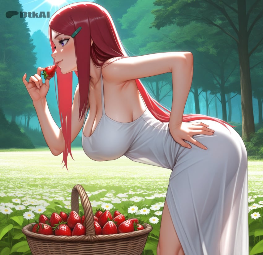 ai_generated bent_over big_ass big_breasts dtkai eating forest hand_on_hip kushina_uzumaki looking_away nature outside smile strawberry sun white_dress