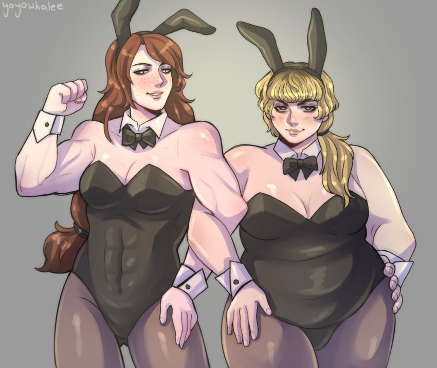 2girls abella_(fear_and_hunger) bbw big_breasts bunny_costume bunny_ears bunny_girl bunnysuit chubby chubby_female fanart fear_and_hunger fear_and_hunger:_termina flexing girl_on_girl huge_thighs karin_(fear_and_hunger) muscle_mommy muscular muscular_female pinup playboy_bunny playboy_bunny_leotard playboy_outfit take_your_pick thick_legs thick_thighs thunder_thighs thunderthighs yoyowhalee