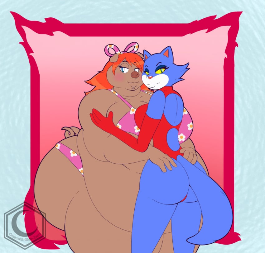 2girls 4_fingers anthro artist_signature ass ass_bigger_than_head atlus bbw bedroom_eyes belly_overhang big_ass big_breasts blue_body blue_eyes blue_fur blush bow bra breasts bubble_butt catgirl cleavage collarbone crescent-blue-zero curvy double_chin duo eyelashes fat fat_arms fat_female fat_folds feline female female_only furry gloves gluteal_fold go!_go!_hypergrind green_eyes half-closed_eyes hands_on_ass head_tuft hourglass_figure jumpsuit looking_back mascara muffin_top obese obese_female orange_hair overweight overweight_female panties penny_(ggh) pig pig_girl piggy_sue pink_body plump raised_eyebrows round_head sega smile smiling spumco tail thick_thighs thighs_bigger_than_head two_tone_body two_tone_fur whale_tail white_body white_fur yellow_sclera