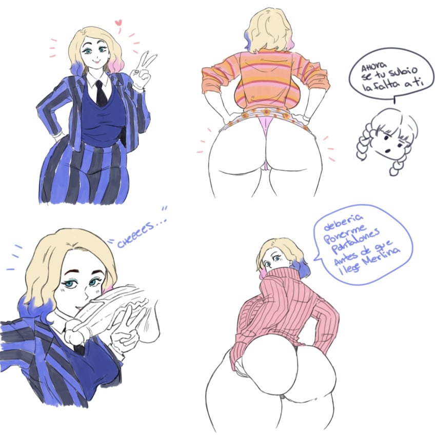2d ass blonde_hair blue_eyes bubble_butt busty enid_sinclair female female_focus hourglass_figure penis pochitoke school_uniform schoolgirl sketch tagme the_addams_family wednesday_(netflix) wednesday_addams wide_hips