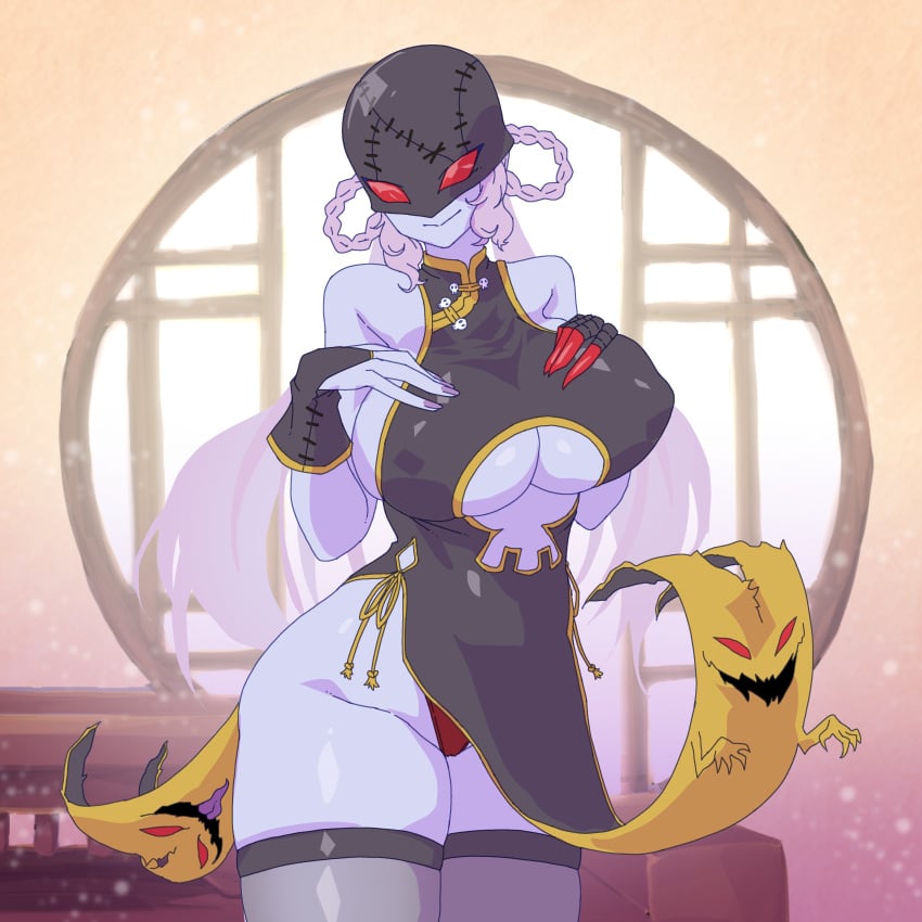 1girls 2d blush breasts chinese_clothes demon_girl digimon dress erect_nipples_under_clothes female gerusyu hair headgear helmet hidden_face ladydevimon large_breasts long_hair looking_at_viewer mask solo thighhighs