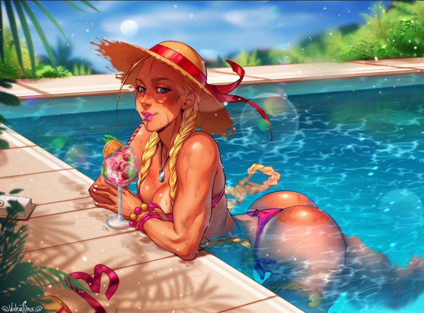 1boy 1girls bikini blonde_hair blue_eyes braids cammy_white capcom female female_focus female_only male pool solo street_fighter sunhat swimming_pool tan-skinned_female tan_skin tanline twin_braids valentinainat1 very_long_hair