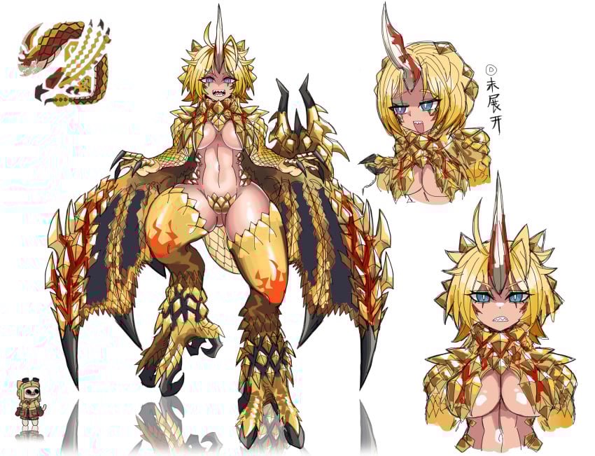 athletic curvy dragon_girl female fit_female humanized large_breasts monster_hunter monster_hunter_4 reference_sheet seregios sharp_teeth thick_thighs voluptuous wide_hips