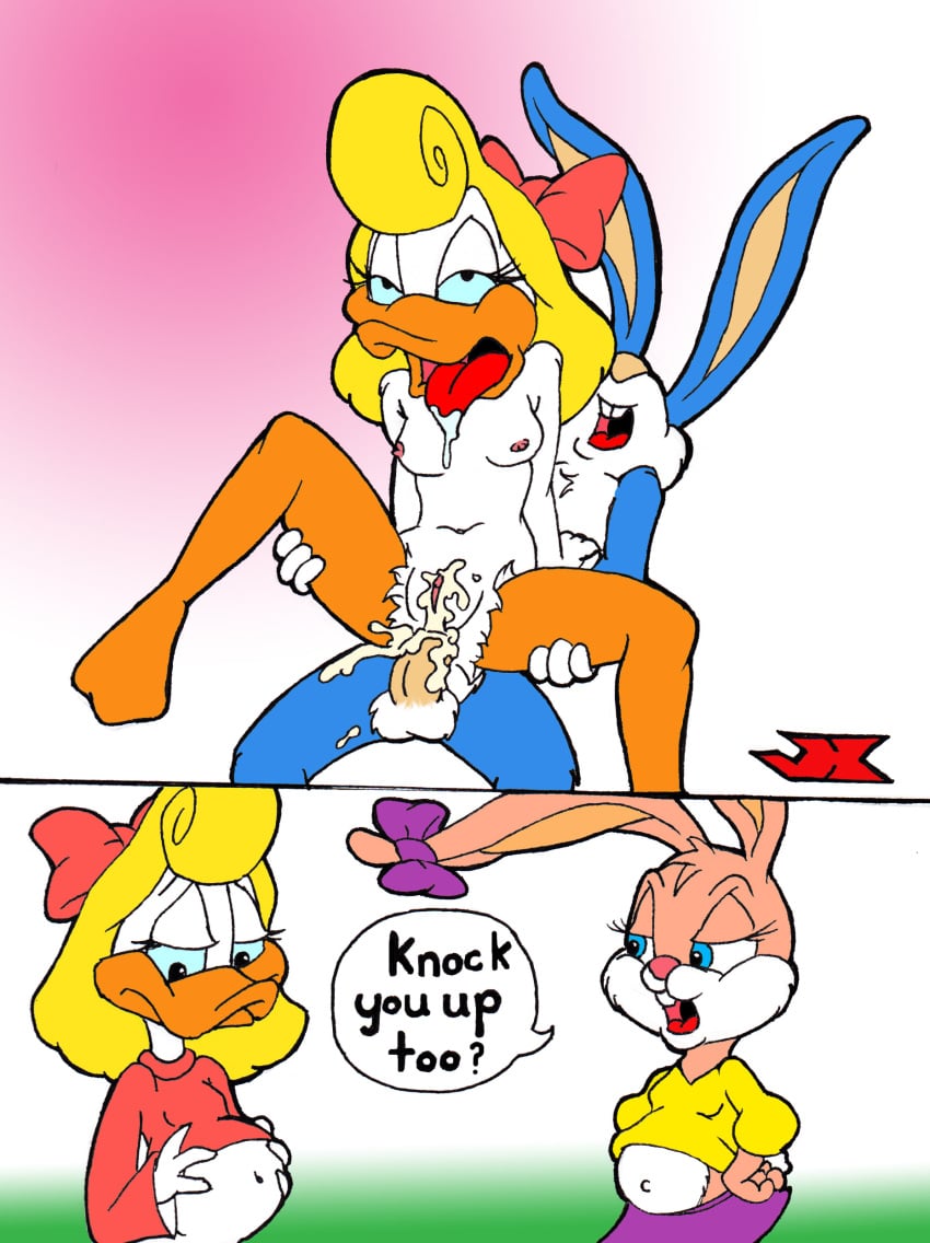 2girls anthro babs_bunny black_eyes blonde_hair blue_eyes breasts bunny buster_bunny female fur furry holding_belly impregnation jk loon male mammal nipples nude penis pregnant rabbit shirley_the_loon straight tiny_toon_adventures uncensored