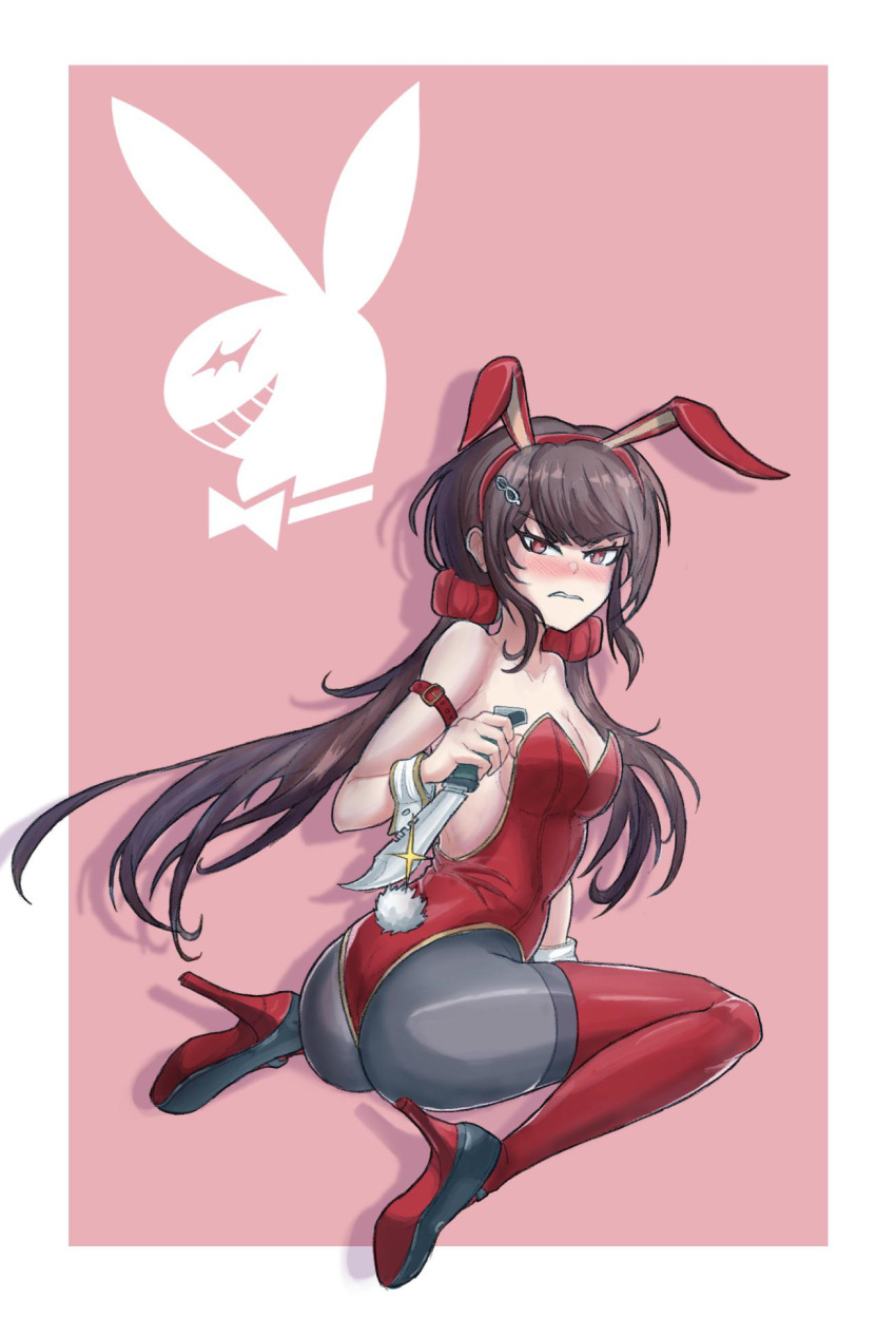 1girls 2022 artist_logo ass back_view backless_outfit backside blush blush_lines blushing_at_viewer brown_hair bunny bunny_costume bunny_ear bunny_ears bunny_girl bunny_tail bunnysuit danganronpa danganronpa_v3 danganronpa_v3:_killing_harmony embarassed embarrassed embarrassed_female embarrassment female female_only hairband hairclip harukawa_maki high_heel_boots high_heels holding_knife holding_object holding_weapon human kneeling knife long_hair on_knees pink_background playboy_bunny playboy_logo playboy_outfit ponytails red_bunny_ears red_clothes red_clothing red_hairband red_leotard red_thigh_highs red_thighhighs sociallysuperfluous sole_female solo straight_hair thigh_highs thighhighs thighs threatening threatening_viewer twintails white_background