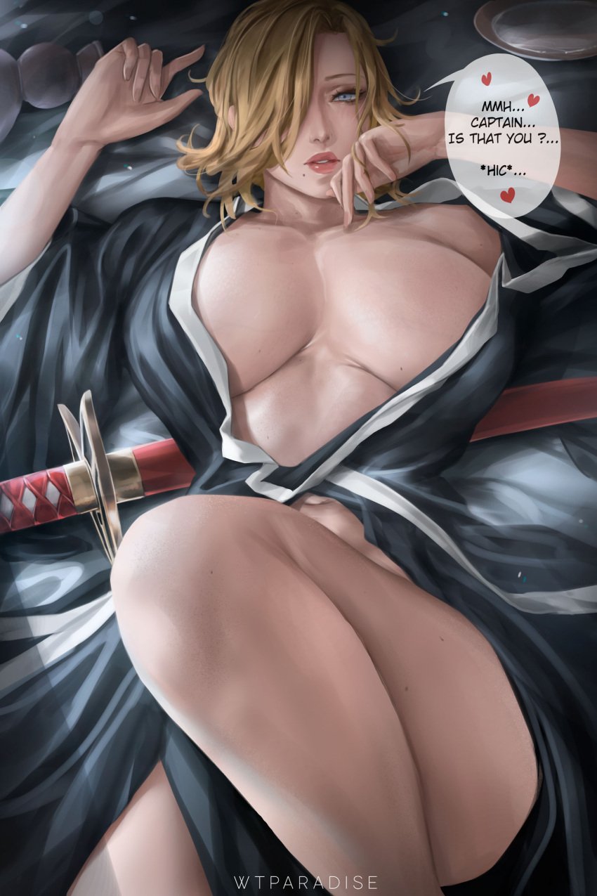 bleach bleach:_the_thousand-year_blood_war blonde_hair blue_eyes breasts cleavage commentary dialogue drunk english_commentary english_text female hiccup highres holstered_weapon japanese_clothes katana kimono large_breasts light-skinned_female light_skin loose_clothes lying matsumoto_rangiku on_back on_bed short_hair solo speech_bubble sword talking_to_viewer watermark we1cometoparadiseart weapon weapon_on_back welcometoparadise wtparadise