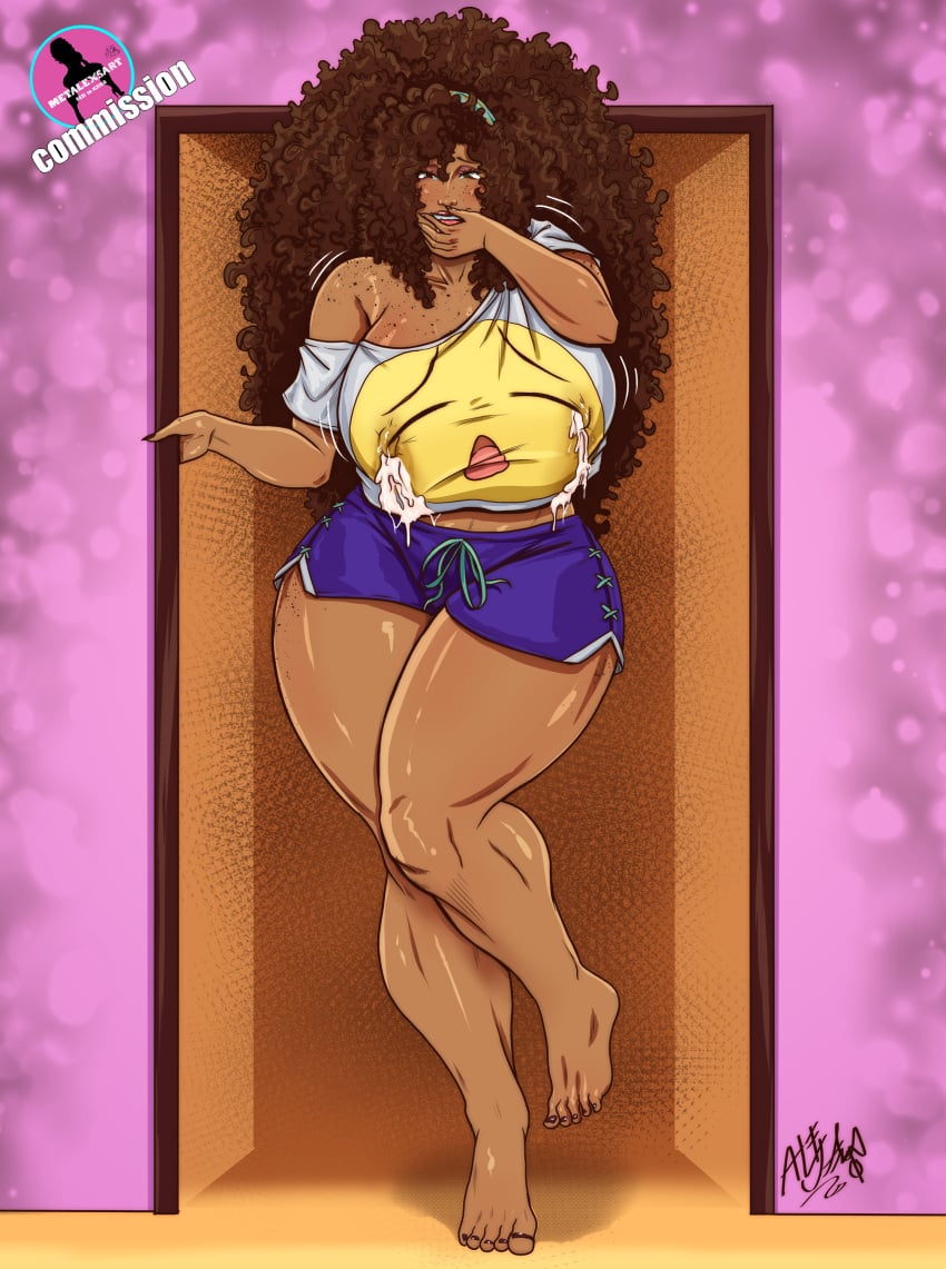 big_breasts curly_hair dark-skinned_female dark_skin female heterochromia huge_breasts lactation laugh metalexsart midnai_blues milf milking minishorts taller_girl thick_legs thick_thighs