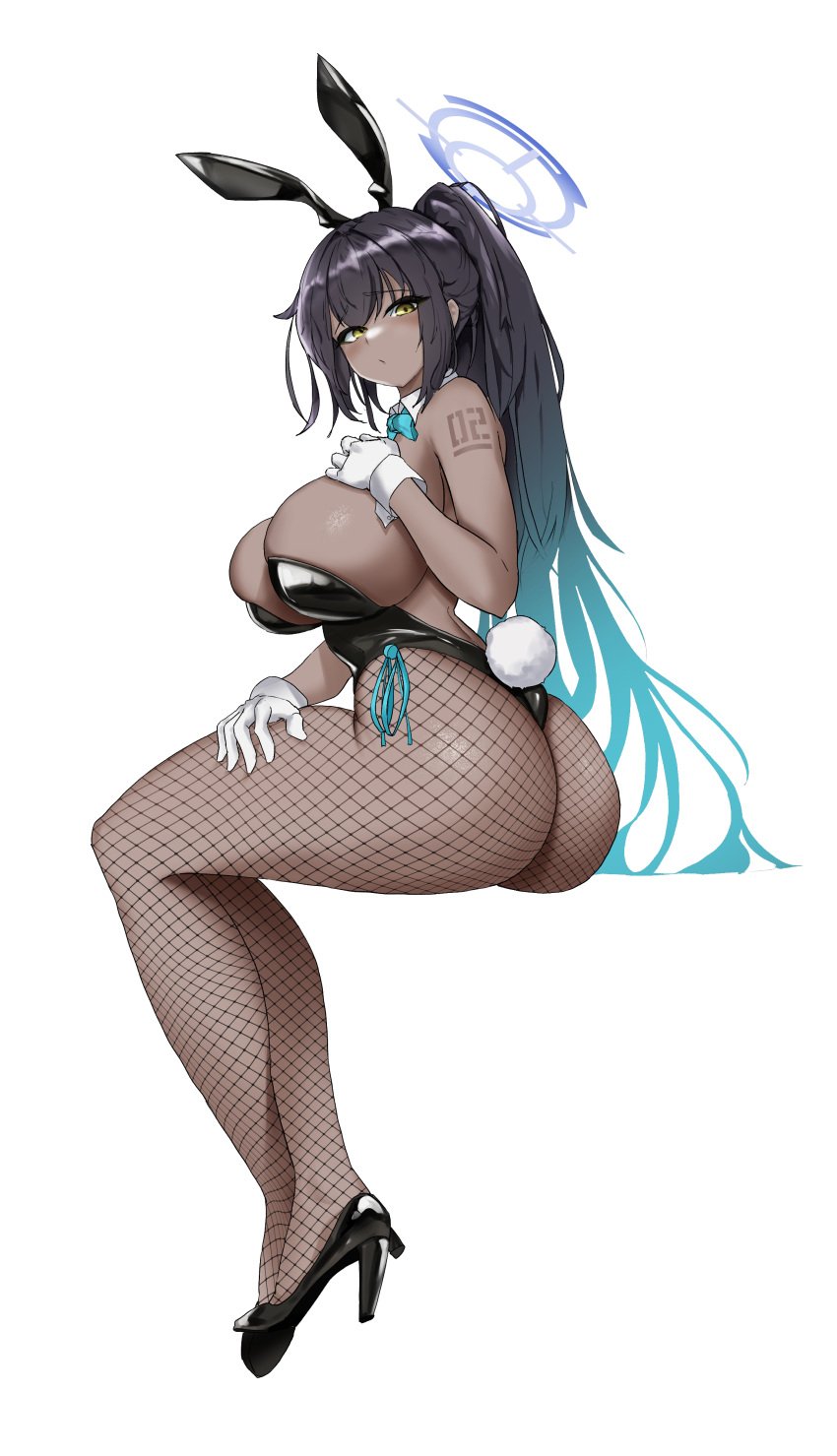 1girls 2023 absurdres alternate_version_at_source animal_ears ass black_leotard blue_archive blue_bow blue_bowtie bow bowtie breasts bunny_ears bunny_tail dark-skinned_female dark_skin detached_collar fake_animal_ears female fishnet_pantyhose fishnets halo high_heels highleg highleg_leotard highres karin_(blue_archive) karin_(bunny)_(blue_archive) large_breasts leotard long_hair number_tattoo official_alternate_costume pang_(daty8882) playboy_bunny strapless strapless_leotard tail tattoo traditional_bowtie very_long_hair white_background yellow_eyes