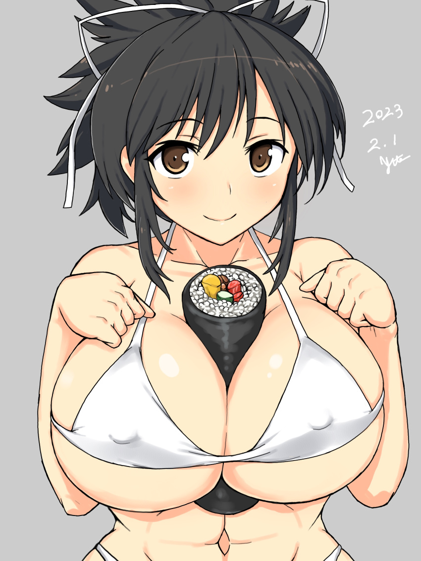 artist_signature asuka_(senran_kagura) bikini black_hair blank_background blush brown_eyes futomaki_roll hair_ribbon large_breasts navel nipple_bulge nishiumi_yuuta senran_kagura smile sushi swimsuit toned_stomach too_small_bikini white_bikini