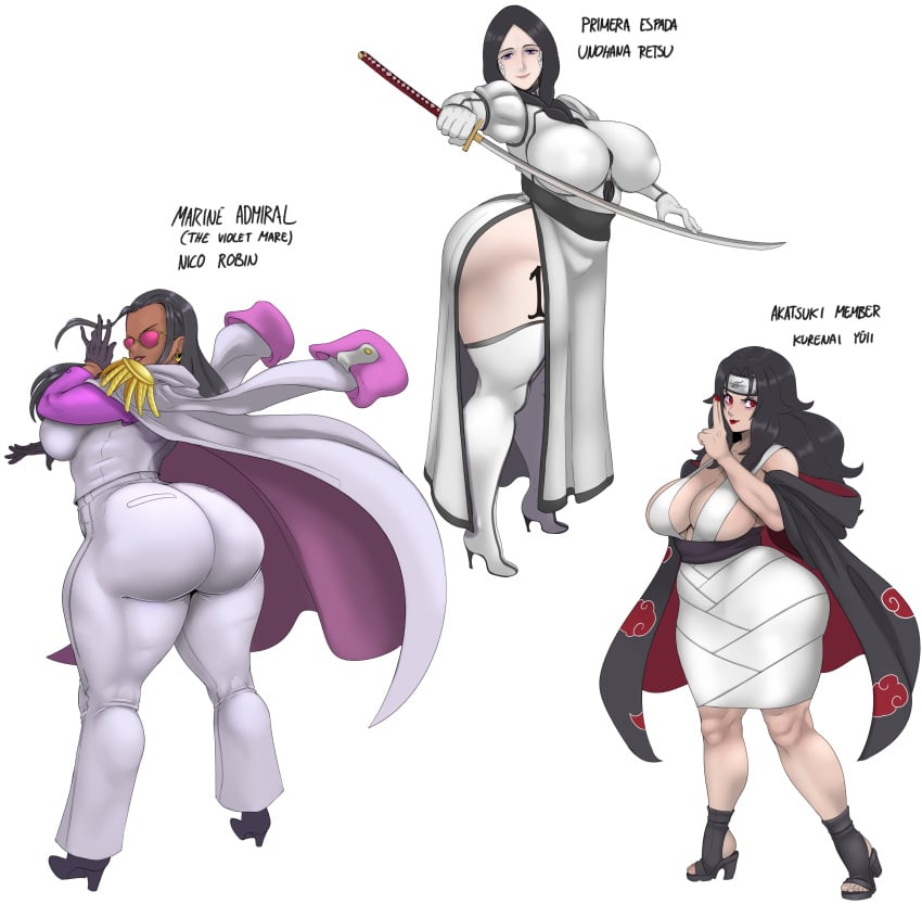 3girls absurdres akatsuki_(naruto) alternate_costume arrancar ass back black_hair bleach blue_eyes breasts clothes crossover ear_piercing earrings enemy_conversion english_text female female_only headband high_heel_boots high_heels highres holding holding_sword holding_weapon huge_ass huge_breasts jewelry kurenai_yuhi long_hair looking_at_viewer looking_back marine_(one_piece) multiple_girls naruto naruto_(series) naruto_shippuden nico_robin one_piece piercing purple-tinted_eyewear red_eyes shounen_jump simple_background sunglasses sunnysundown sword tan_skin tinted_eyewear unohana_retsu venus_body weapon white_background yuuhi_kurenai