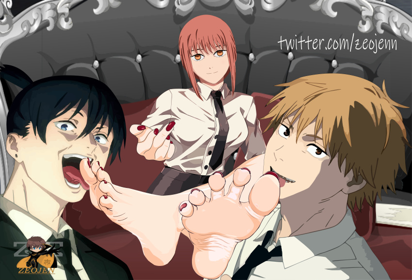 1girls 2boys bare_shoulders barefoot big_ass chainsaw_man completely_nude denji_(chainsaw_man) dominant_female domination dress edit feet feet_fetish feet_licking female foot_fetish foot_focus foot_lick foot_play foot_worship hand_on_leg hayakawa_aki hi_res holding_legs legs_crossed legs_up licking_foot long_hair looking_at_viewer makima_(chainsaw_man) nail_polish nude_female patreon pussy red_hair red_nails smile soles solo_female solo_focus toenail_polish toenails toes white_body white_skin yellow_eyes zeojen