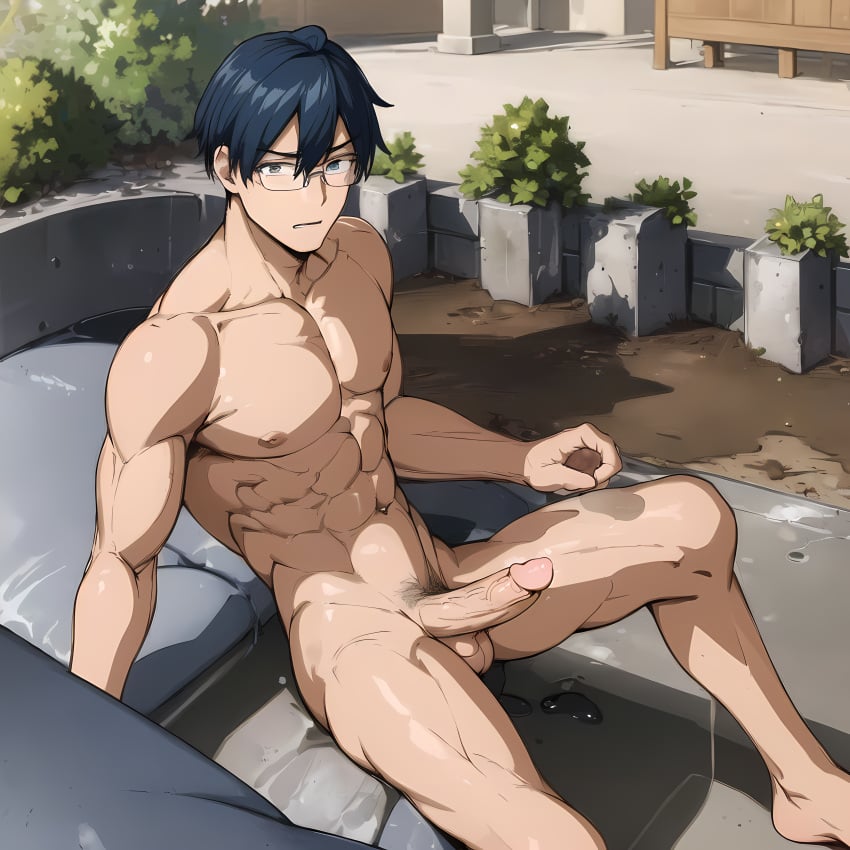 1boy abs ai_generated city cock completely_nude completely_nude_male dark_blue_hair dick exhibitionism gay glasses gojo_senpai male male_only muscular muscular_male my_hero_academia penis public public_nudity sitting_down solo stable_diffusion sunbathing tenya_iida yaoi