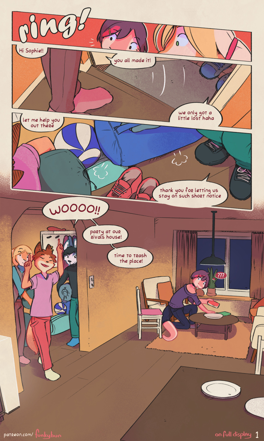 clothed comic english_text funkybun on_full_display_(funkybun) page_1 rose_(funkybun) sophie_(funkybun)