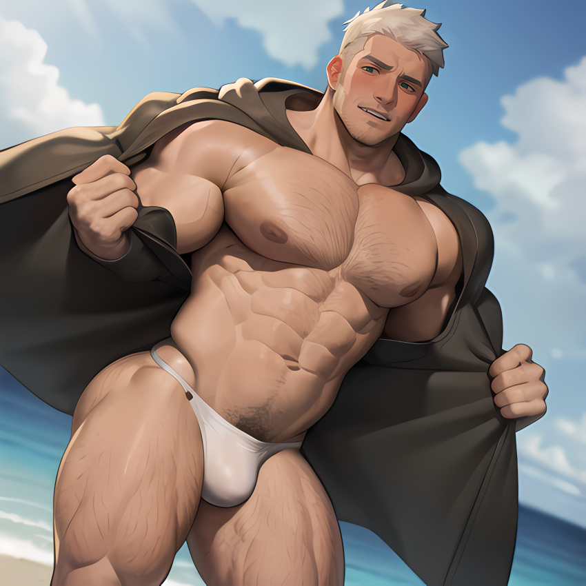 1boy abs ai_generated bara bare_pectorals beach beard blush bulge chest_hair cloud cloudy_sky day facial_hair hairy hood jacket large_pectorals leg_hair looking_at_viewer male_focus male_only male_pubic_hair male_swimwear male_underwear mature_male muscular muscular_male navel navel_hair nipples open_clothes open_jacket outdoors pectorals pubic_hair short_hair sky smile solo stable_diffusion stubble thick_thighs thighs underwear white_hair