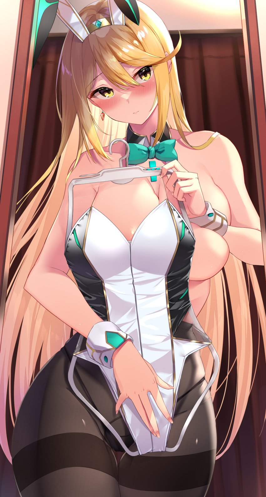 1girls black_panties blonde_hair bowtie breasts bunny_ears clothes_hanger core_crystal cuff_links detached_collar earrings eel_mizue fake_animal_ears holding_clothes_hanger large_breasts latex leotard long_hair looking_at_viewer looking_in_mirror mirror mirror_reflection mythra nintendo panties panties_under_pantyhose pantyhose playboy_bunny shiny_clothes strapless strapless_leotard tight_clothing white_leotard xenoblade_(series) xenoblade_chronicles_2 yellow_eyes