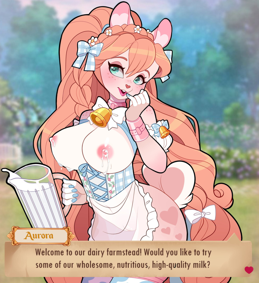 anthro apron bell bell_accessory beverage big_breasts blush bodily_fluids bracelet breasts clothing dialogue english_text exposed_breasts eyeshadow female freckles fur genitals green_eyes hair hi_res holding_beverage holding_object huge_breasts jewelry lactating lactation lagomorph leporid long_hair makeup mammal milk navel open_mouth orange_hair parfait_(parfaitbunny) parfaitbunny pink_eyeshadow pussy rabbit solo talking_to_viewer tan_body tan_fur text thick_thighs white_body white_fur wide_hips