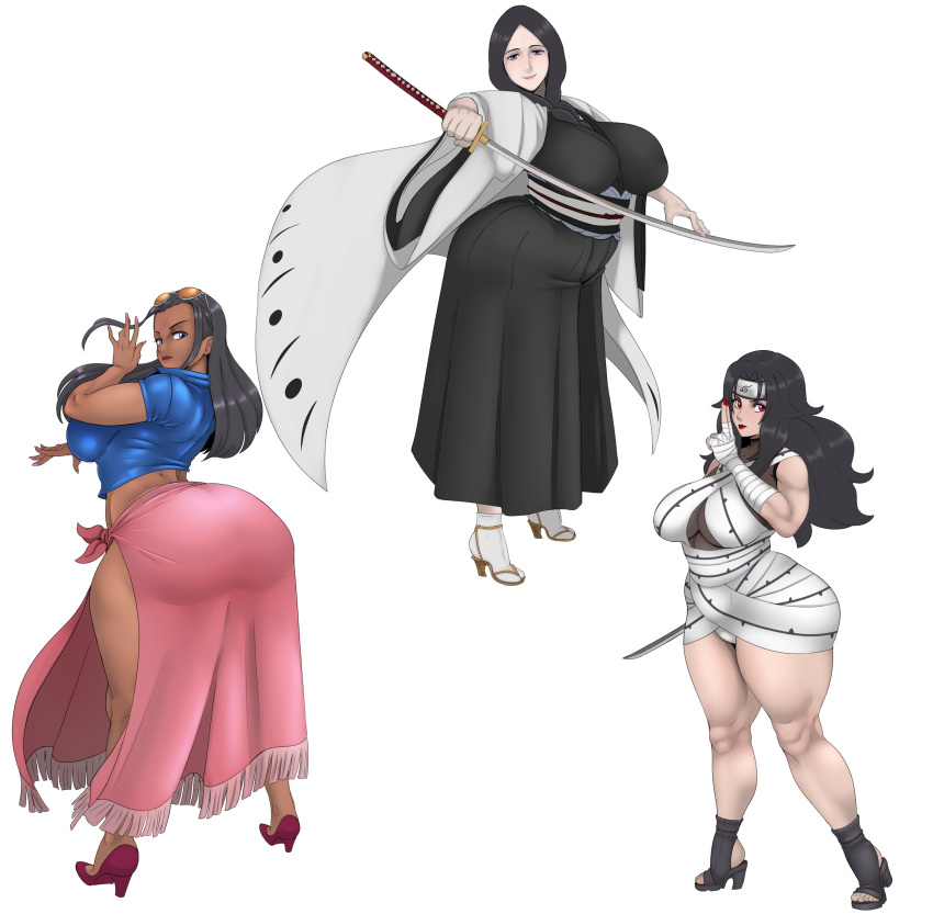 3girls absurdres ass ass_in_dress back black_hair bleach blue_eyes breasts clothes crossover female female_only headband highres holding holding_sword holding_weapon huge_ass huge_breasts kurenai_yuhi long_hair looking_at_viewer looking_back multiple_girls naruto naruto_(series) naruto_shippuden nico_robin one_piece red_eyes shounen_jump simple_background sunglasses sunglasses_on_head sunnysundown sword tan_skin unohana_retsu venus_body weapon white_background yuuhi_kurenai