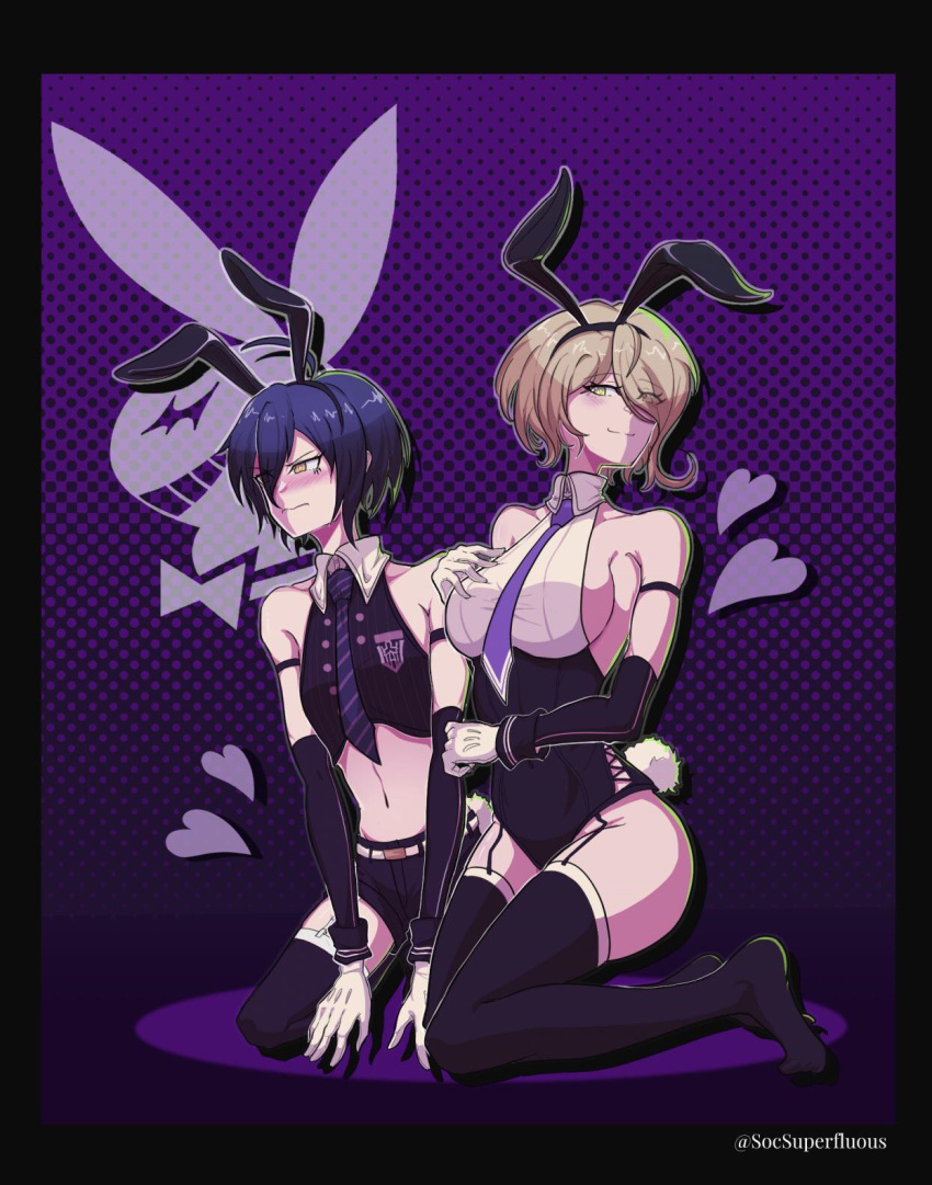 1boy 1girls 2022 armwear artist_logo artist_name big_breasts black_clothing blonde_hair blue_hair bnuuny breasts bunny bunny_boy bunny_costume bunny_ear bunny_ears bunny_girl bunny_tail bunnygirl bunnysuit danganronpa danganronpa_v3 danganronpa_v3:_killing_harmony embarassed embarrassed embarrassed_male embarrassing female femboy gloves green_eyes hairband heart human kneeling knees_together_feet_apart light-skinned_female light-skinned_male light_skin male male/female neckwear on_knees pattern_background playboy_bunny playboy_bunny_costume playboy_logo playboy_outfit playboy_suit purple_background saihara_shuuichi short_hair showing_off side_cleavage sideboob sociallysuperfluous straight_hair thigh_highs thighhighs thighs tie tight_clothing toujou_kirumi yellow_eyes