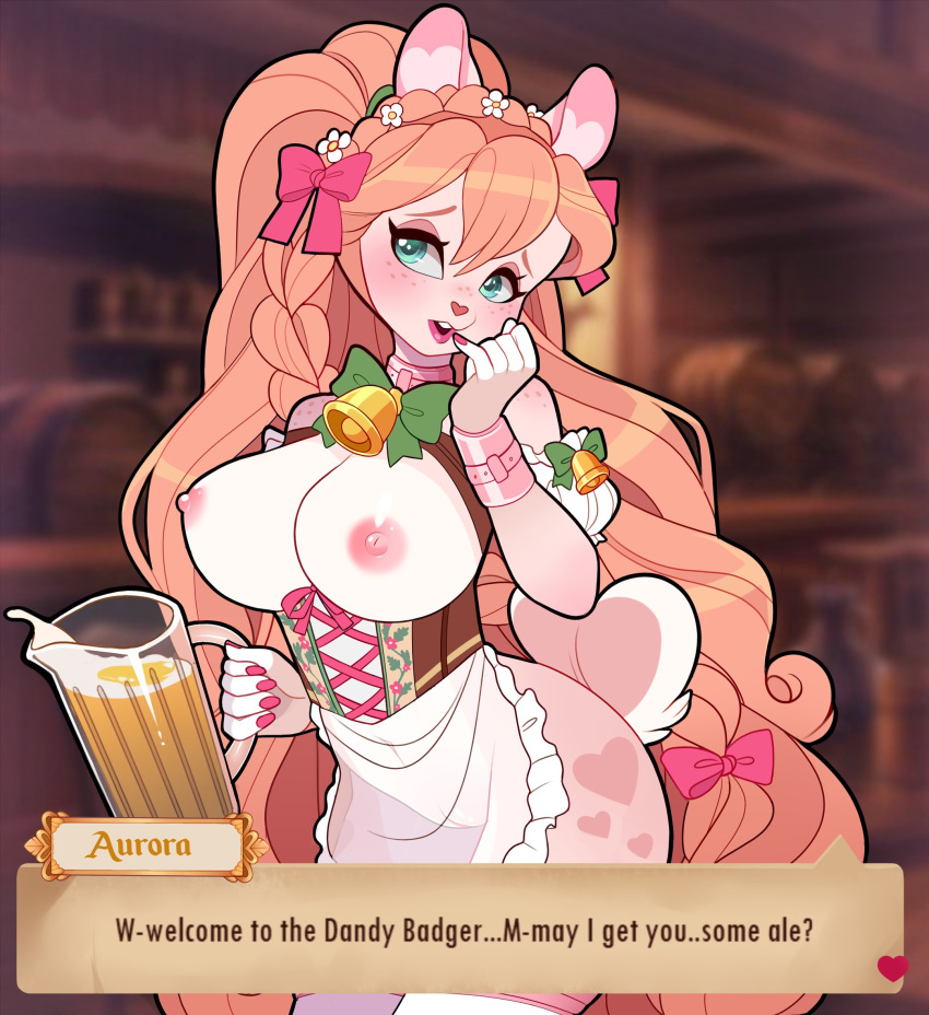 alcohol anthro apron beer bell bell_accessory beverage big_breasts blush bracelet breasts clothing dialogue exposed_breasts eyeshadow female freckles fur genitals green_eyes hair hi_res holding_beverage holding_object huge_breasts jewelry lagomorph leporid long_hair makeup mammal navel open_mouth orange_hair parfait_(parfaitbunny) parfaitbunny pink_eyeshadow pussy rabbit solo talking_to_viewer tan_body tan_fur text thick_thighs white_body white_fur wide_hips