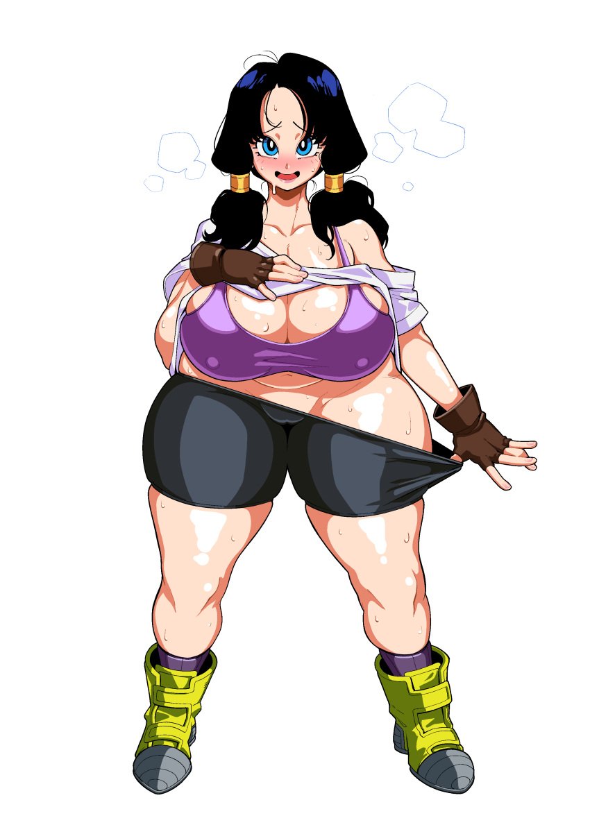 1girls belly belly_button biker_gloves black_hair blue_eyes blush boots breasts breasts_bigger_than_head bunkwizard busty cameltoe curvy dragon_ball dragon_ball_z erect_nipples female female_only horny huge_breasts lifted_shirt long_hair loose_shirt nipple_bulge no_panties pink_nails plump presenting pulling_down_pants shounen_jump socks solo solo_female sports_bra sportswear steam steaming_body sweat teenager thick_thighs tight_clothing tomboy twintails undressing venus_body videl voluptuous wide_hips