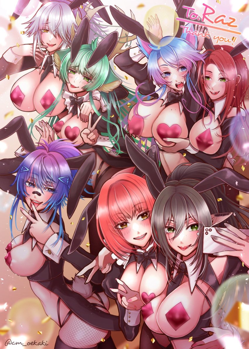 7girls alternate_version_at_source alternate_version_available artist_signature bandaid bandaid_on_nose big_breasts blue_eyes blue_hair breast_grab breasts bunny_girl bunnysuit cm_oekaki covered_nipples fake_animal_ears female female_only green_eyes green_hair groping groping_breasts groping_from_behind hair_over_one_eye haruka_karibu heart_pasties indie_virtual_youtuber layna_lazar licking_lips light-skinned_female light_skin medium_breasts melody_(projektmelody) mira_pink multicolored_hair multiple_girls open_mouth pasties phone pink_hair pointy_ears projektmelody red_hair silvervale tongue tongue_out upper_teeth virtual_youtuber vshojo vtuber white_hair yellow_eyes yuri zentreya