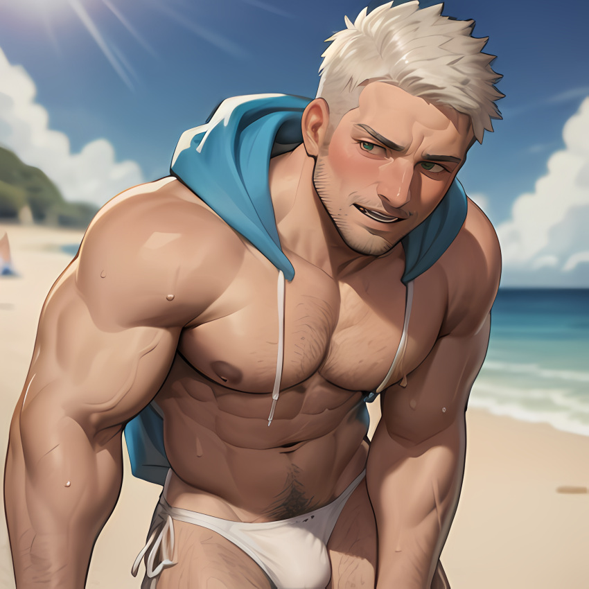 1boy abs ai_generated arm_hair bara bare_pectorals beach beard blush bulge chest_hair cloud day facial_hair green_eyes hairy hood large_pectorals leg_hair looking_at_viewer male_focus male_only male_pubic_hair male_swimwear mature_male muscular muscular_male navel navel_hair nipples outdoors pectorals pubic_hair sand short_hair sky solo stable_diffusion stomach stubble swim_briefs thick_thighs thighs white_hair