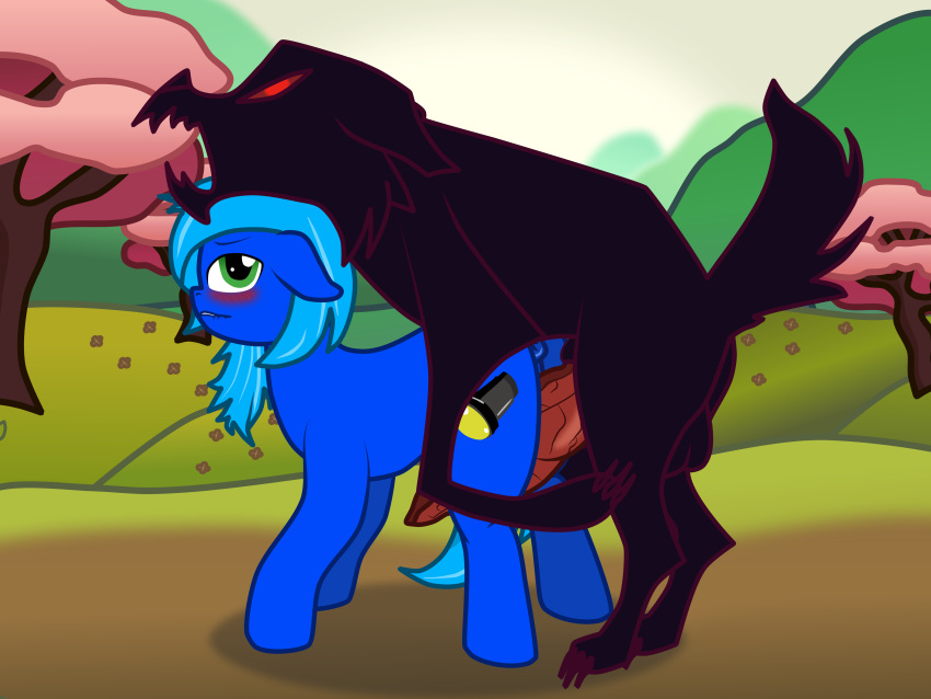 2019 4:3 absurd_res balls blue_(theonewithoutaname) blue_body blue_hair blush canid canine canis cherry_blossom cherry_blossom_tree cherry_tree cutie_mark digital_media_(artwork) doggy_style earth_pony equid equine female feral feral_on_feral fluffers_(tfh) from_behind_position fruit_tree genitals green_eyes hair hasbro hi_res hill horse imminent_sex knot male male/female mammal my_little_pony nude outside penis plant pony quadruped red_eyes sex tail them's_fightin'_herds theonewithoutaname tree wolf