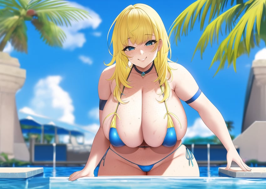 ai_generated armlet bent_forward big_ass big_breasts bikini blonde_hair blue_bikini blue_eyes breasts breasts_together cleavage clouds daytime female female_focus freckles full_cleavage hanging_breasts huge_breasts large_breasts light-skinned_female light_skin long_breasts long_cleavage long_hair mature_female outdoors palm_tree pelvic_lines pool side-tie_bikini side-tie_bikini_bottom sky sky_background smiling soft_breasts solo stable_diffusion swimming_pool top_heavy_breasts voluptuous water wet_skin white_breasts yellow_hair