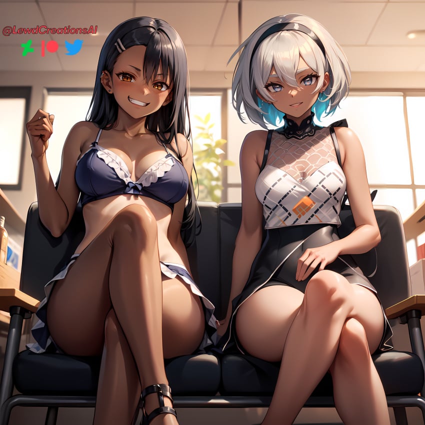 2girls ai_generated bea_(pokemon) black_hair breasts brown_eyes clothed clothing crossed_legs dark-skinned_female dark_skin female female_only gym_trainer_(pokemon) hayase_nagatoro hi_res highres interracial legs lewdcreationsai lingerie long_hair looking_at_viewer please_don't_bully_me,_nagatoro pokemon pokemon_trainer revealing_clothes simple_background skirt small_breasts smirk tan tan-skinned_female tan_body tan_skin tanned tanned_female