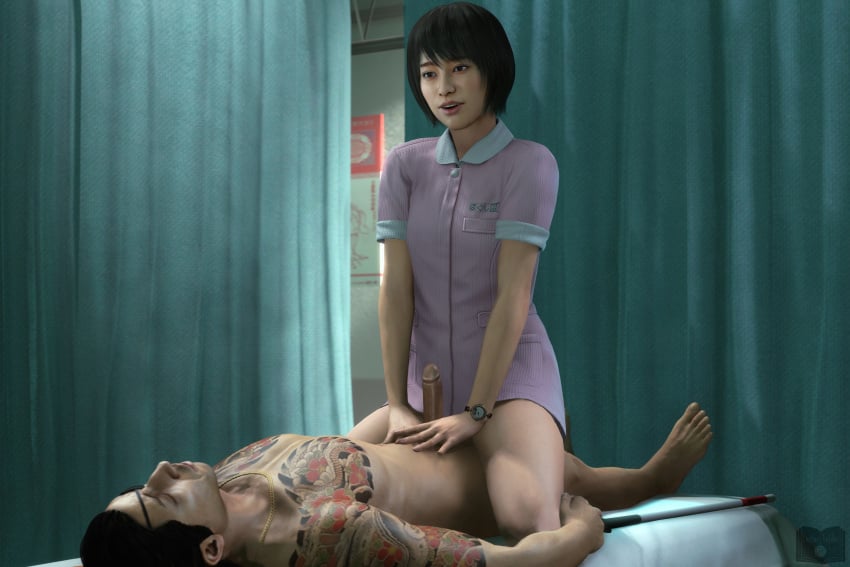 1boy 1girls 3d asian bob_cut centerfoldersfm erect_penis erection female_on_top legs_apart majima_goro makimura_makoto masseuse naked_male pantsless partially_clothed partially_clothed_female ryuu_ga_gotoku straddling watch