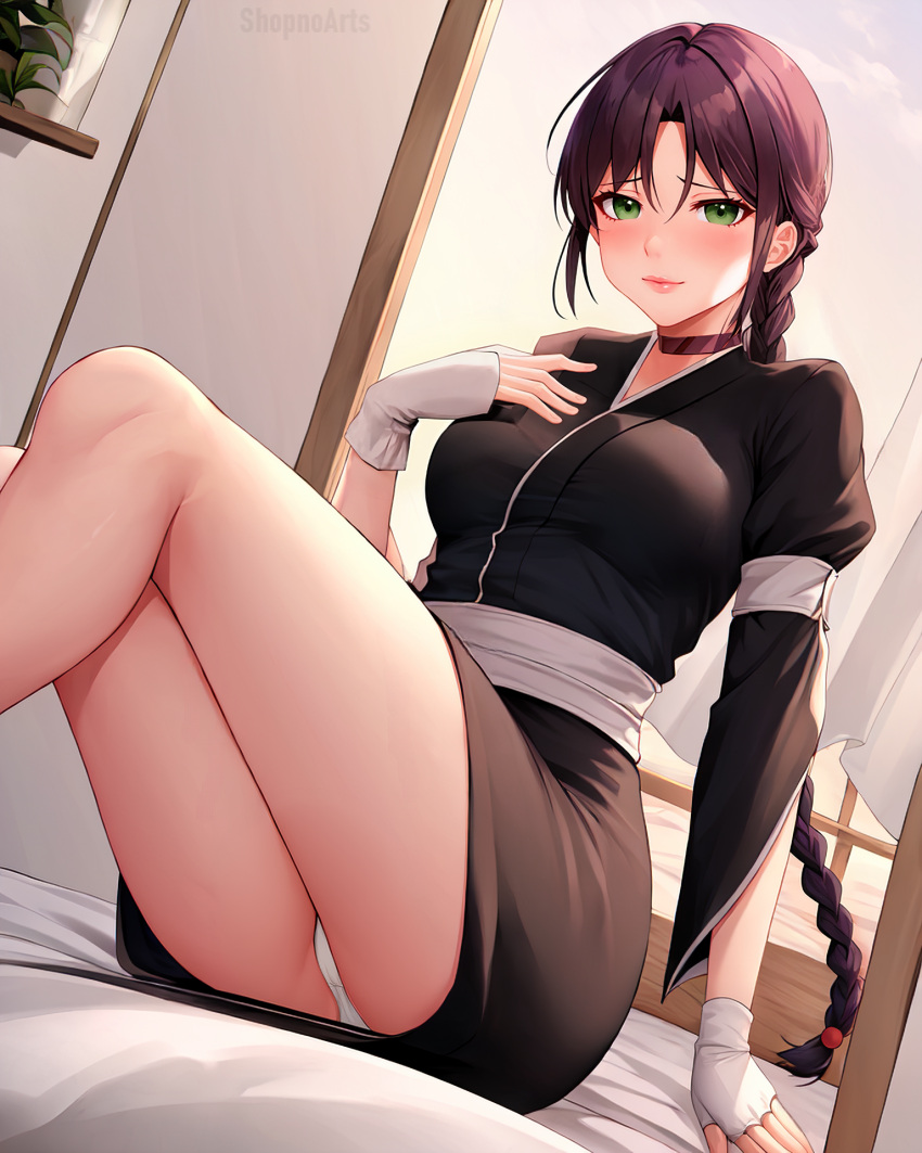 1girls ai_generated bare_legs bleach blush braid braided_ponytail choker dress female female_only gloves green_eyes kurotsuchi_nemu long_hair looking_at_viewer panties ponytail purple_hair shopnoarts sitting sitting_on_bed solo solo_focus underwear voluptuous