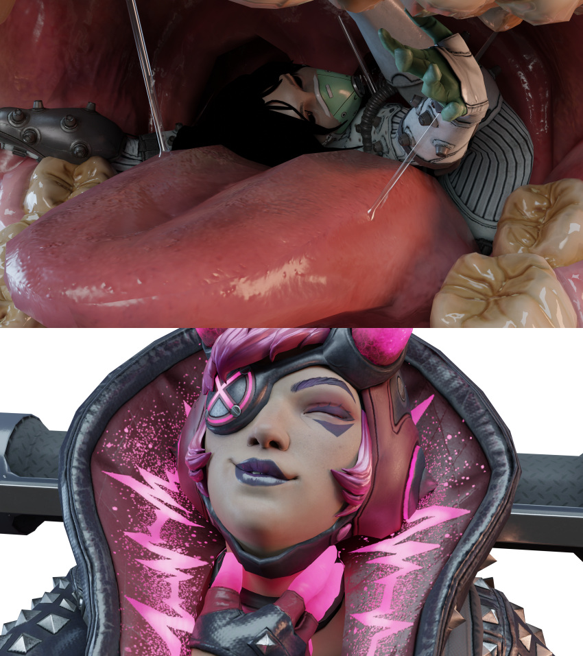 3d apex_legends eye_patch game6942069 giantess internal internal_view mawshot oral_vore pink_hair saliva_string smiling teeth throat_bulge tongue unwilling_prey voiddrifter vore wattson_(apex_legends) wraith_(apex_legends)