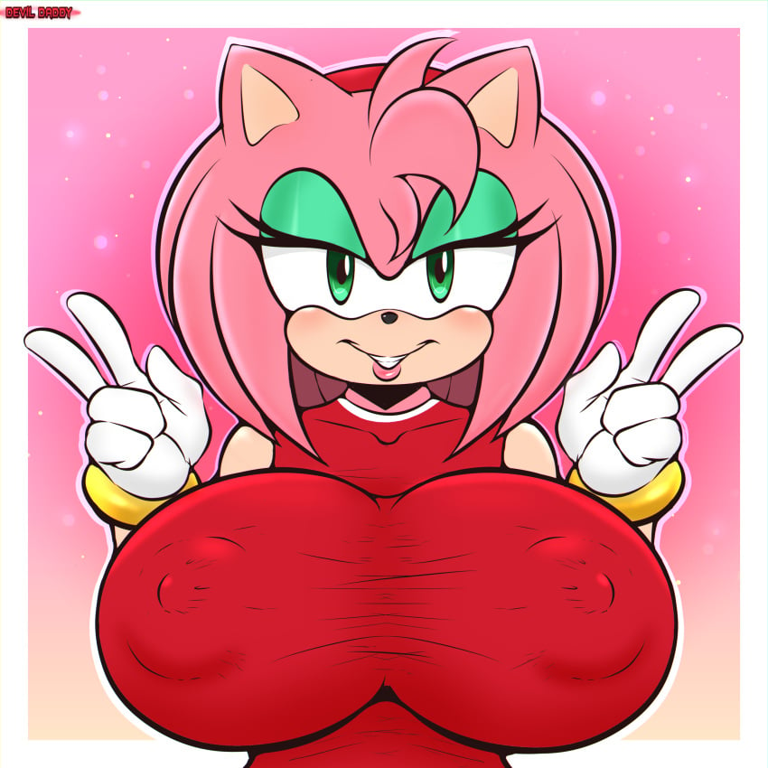 amy_rose bedroom_eyes breasts devil_daddy eulipotyphlan eyeliner eyeshadow female gloves green_eyes headband large_breasts lipstick nipples_visible_through_clothing peace_sign pink_hair sega sonic_(series)