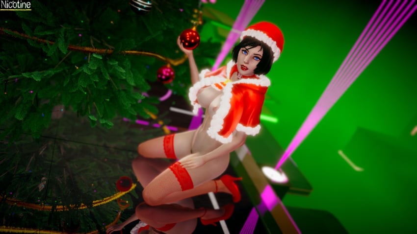 3d areolae big_breasts bioshock bioshock_infinite black_hair blue_eyes breasts burial_at_sea busty christmas christmas_outfit christmas_tree elizabeth_comstock female female_focus female_only hourglass_figure makeup nic_otine nipples pubes pubic_hair pussy revealing_clothes skimpy skimpy_clothes tagme vagina wide_hips