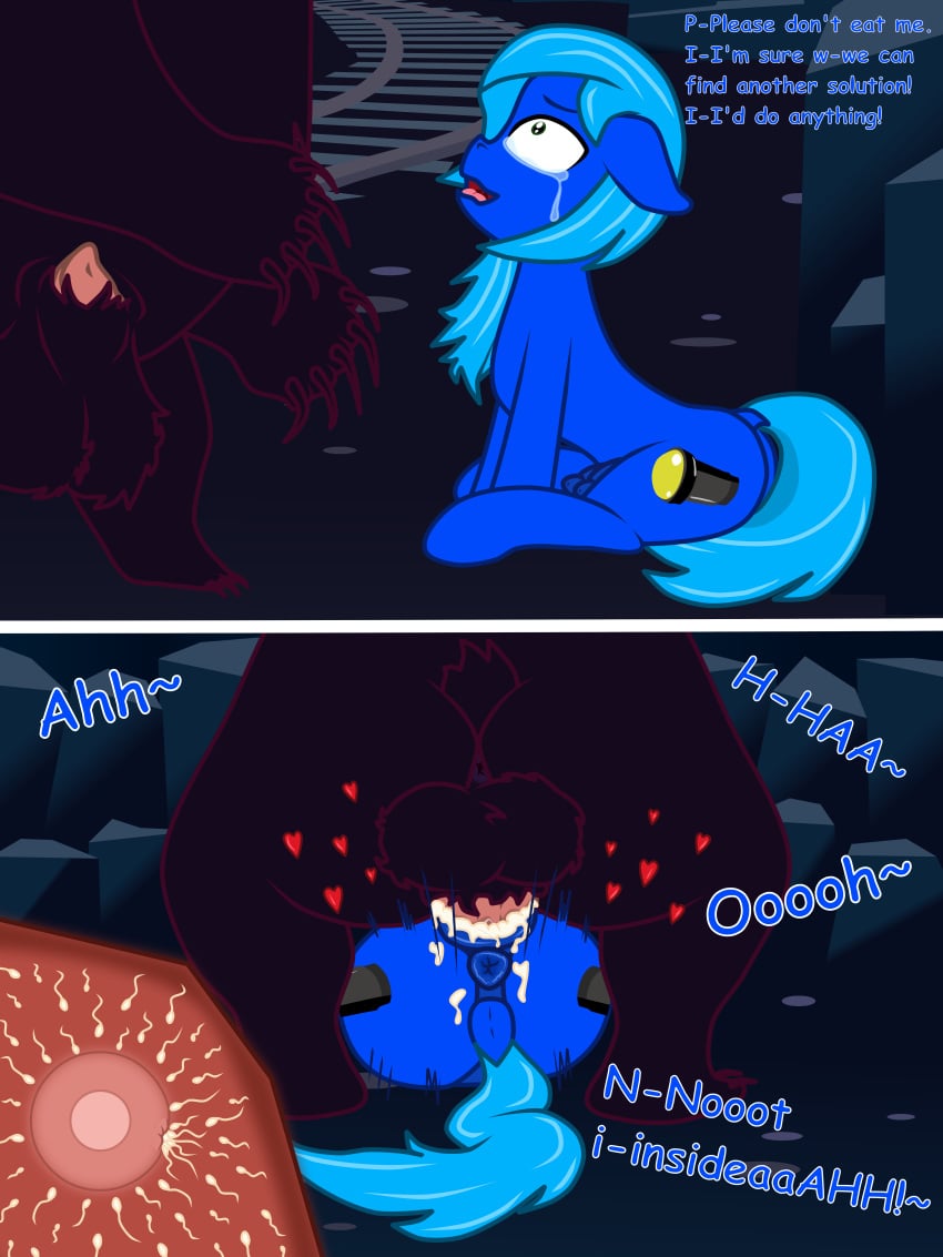 2019 2_panel_comic 3:4 absurd_res anus balls bear begging black_body black_fur blue_(theonewithoutaname) blue_body blue_hair blue_tail blue_text bodily_fluids cave cavern comic crotchboobs crying cum cum_in_pussy cum_inside cutie_mark dialogue digital_media_(artwork) earth_pony english_text equid equine female female_penetrated feral feral_on_feral feral_penetrated feral_penetrating feral_penetrating_feral flat_colors forced from_front_position fur genital_fluids genitals hair hasbro helpless hi_res horse huggles_(tfh) impregnation instant_loss_2koma interspecies interspecies_impregnation male male/female male_penetrating male_penetrating_female mammal mating_press my_little_pony nipples ovum penetration penile penile_penetration pony predator/prey pussy rape sex side_view sitting sperm_cell tail tears text them's_fightin'_herds theonewithoutaname unwanted_cum_inside unwanted_cumshot unwanted_impregnation vaginal_penetration