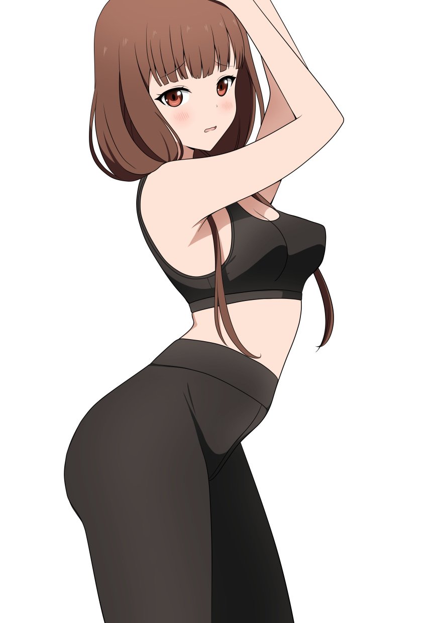 1girls accurate_art_style arms ass bare_shoulders big_ass big_breasts blush bra breasts brown_eyes brown_hair chest cleavage coro_fae embarrassed erect_nipples erect_nipples_under_clothes female female_only fully_clothed hands_up iino_miko kaguya-sama_wa_kokurasetai_~tensai-tachi_no_renai_zunousen~ light-skinned_female long_hair looking_at_viewer midriff nipple_bulge official_style solo sports_bra standing thighs tight_clothing topwear twintails wavy_mouth white_background yoga_pants