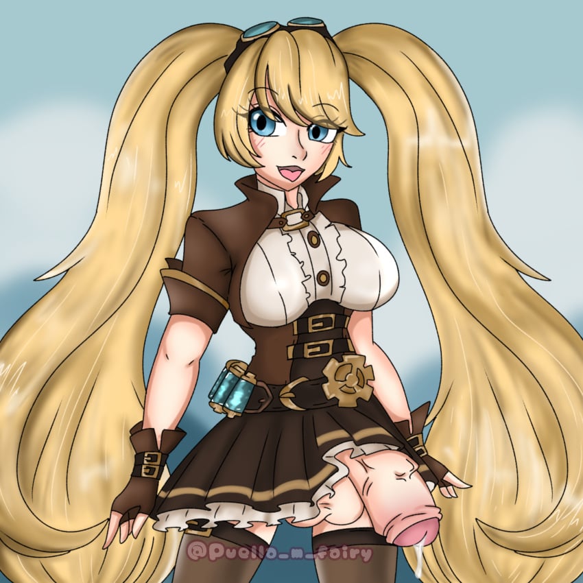 1futa balls big_balls big_breasts blonde_hair blue_eyes bottomless breasts clothed clothing futa_only futanari huge_cock human layla_(mobile_legends) light-skinned_futanari light_skin long_hair mobile_legends mobile_legends:_bang_bang mostly_clothed on_stomach penis puella_m_fairy self_upload skirt standing thighhighs twintails white_skin