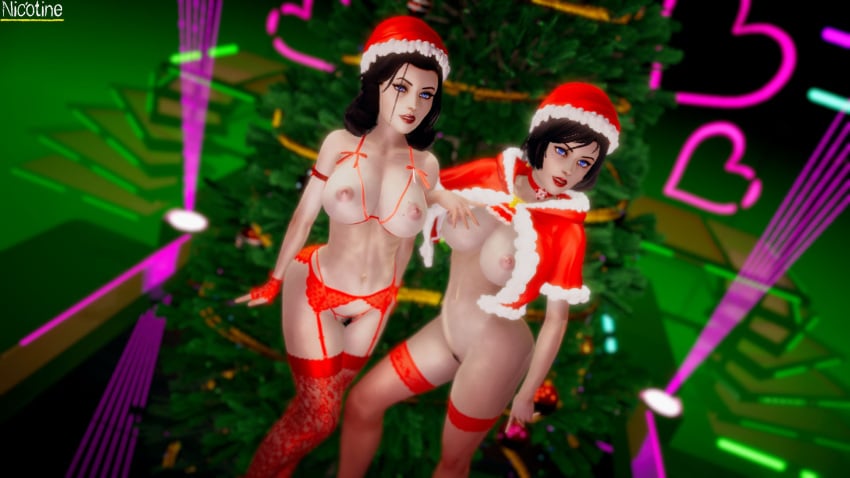 3d areolae big_breasts bioshock bioshock_infinite black_hair blue_eyes breasts burial_at_sea busty christmas christmas_outfit christmas_tree elizabeth_comstock female female_focus female_only hourglass_figure makeup nic_otine nipples pubes pubic_hair pussy revealing_clothes skimpy skimpy_clothes tagme vagina wide_hips