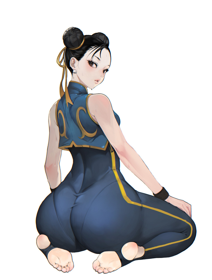 ass barefoot black_hair bobobong bodily_fluids bodysuit brown_eyes capcom chinese_clothes chun-li dat_ass double_bun feet female hair_bun highres huge_ass long_hair looking_at_viewer mallang parted_lips road soles stirrup_legwear street street_fighter street_fighter_alpha toeless_legwear toes vest