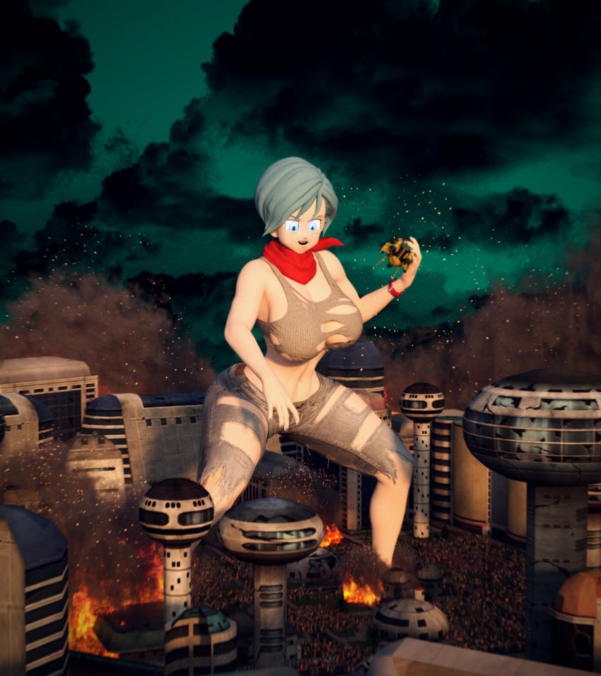 1girls 3d blue_eyes blue_hair bulma_briefs city city_destruction daz3d destruction dragon_ball dragon_ball_super evil_smile giantess holding_object kamicamie looking_down ripped_clothes ripped_clothing ripped_jeans ripped_pants torn_bra torn_clothes torn_jeans