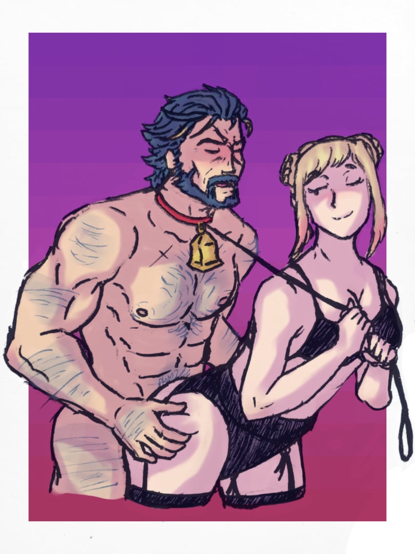 1boy 1girls abs ass beard big_ass black_panties blonde_hair blue_hair body_hair bondage bra breasts chest_hair cleavage closed_eyes collar dilf female femdom fire_emblem fire_emblem_heroes garter_straps guarder_sol gustav_(fire_emblem) hairy_chest henriette_(fire_emblem) leash lingerie male malesub medium_breasts milf muscular muscular_male nintendo panties short_hair smile thighhighs underwear