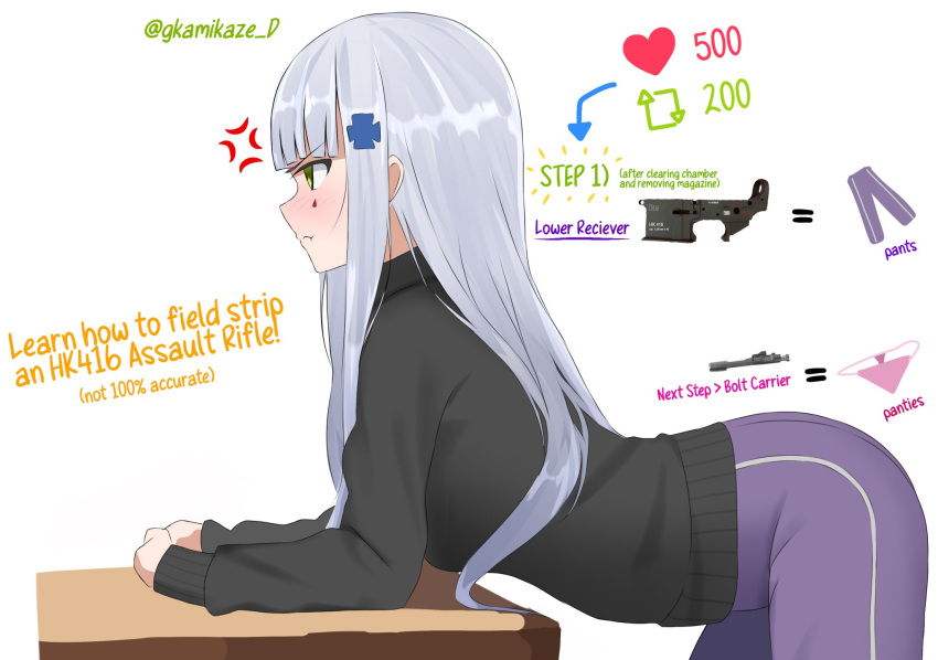 1girls annoyed annoyed_expression bent_over_table blush english_text female_only frown fully_clothed girls'_frontline gkamikaze_d hk416_(girls'_frontline) iron_cross long_hair no_sex pouting side_view solo strip_game sweater table text white_hair white_skin yoga_pants