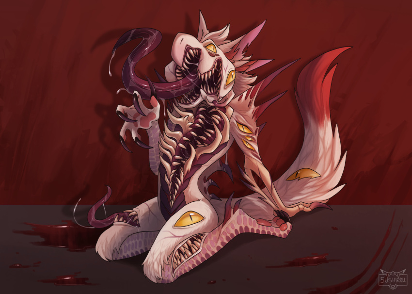 2022 4_ears 5ushiroll ambiguous_gender anthro anthrofied arm_support blood blood_trail bodily_fluids body_horror chest_mouth claws digitigrade dipstick_tail drooling exposed_bone fluffy fluffy_tail full-length_portrait fur hi_res hybrid long_claws long_tongue looking_at_viewer managarmr markings monster multi_ear multi_eye multi_mouth nightmare_fuel nude open_mouth pawpads petal_maw pink_pawpads portrait pupils red_background saliva scales sharp_teeth simple_background slit_pupils solo tail tail_markings teeth toe_curl tongue tongue_out what white_body white_fur yellow_sclera