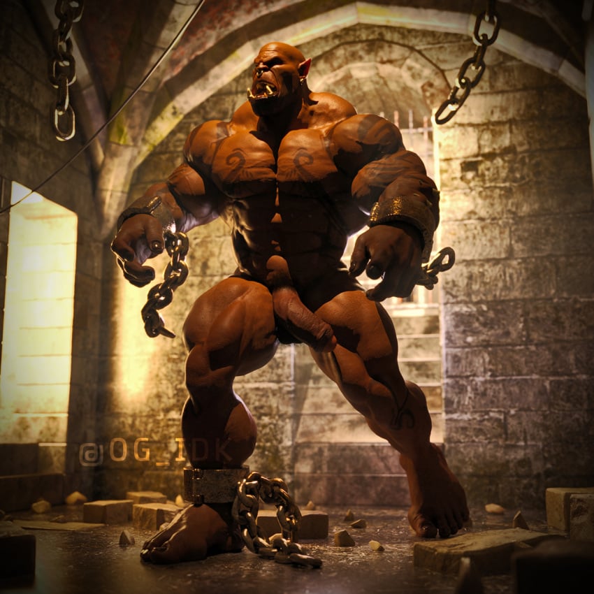 abs dark-skinned_male dark_skin fangs garrosh_hellscream genitals hi_res humanoid humanoid_pointy_ears male male_only muscular muscular_humanoid muscular_male og_idk orc orc_male penis solo tattoo teeth thegreenfoot