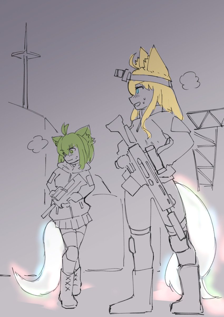 2d 2girls animal_ears blonde_hair blue_eyes blush_lines boots buttplug escape_from_tarkov flashing_lights glowing_buttplug green_eyes green_hair gun highlights_(coloring) indie_virtual_youtuber kneepads kuro_jelly led_light military military_clothing military_jacket night night_vision_goggles rye_project simple_background skirt skyline steam sweat tactical_gear tail tail_plug virtual_youtuber vtuber whiskey_project