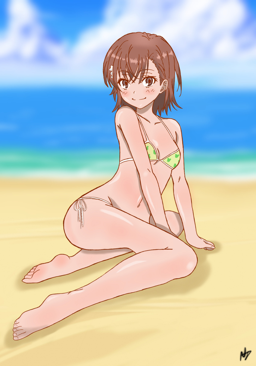 10s 1girls 2019 :) ass bare_legs bare_shoulders barefoot beach bikini blush breasts brown_eyes brown_hair brunette cloud collarbone day female full_body gekota gekota_bikini hair_flower hair_ornament hi_res hips looking_at_viewer matching_hair/eyes midriff misaka_mikoto nashdnash2007 navel ocean outdoors sand short_hair signature sitting sky small_breasts smile solo swimsuit to_aru_kagaku_no_railgun to_aru_majutsu_no_index toes water